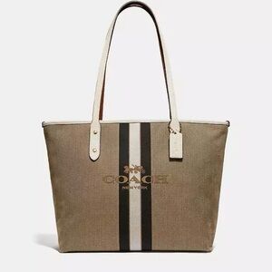 COACH® | City Zip Tote Bag With Horse And Carriage. Taupe w black stripe.